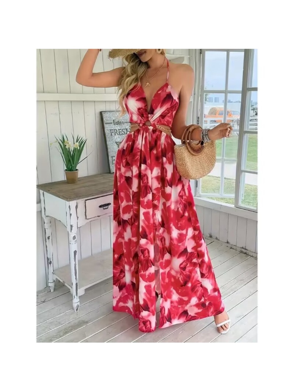 Pink Red Floral Halter Maxi Dress Gold Chain Cutout Backless Resort